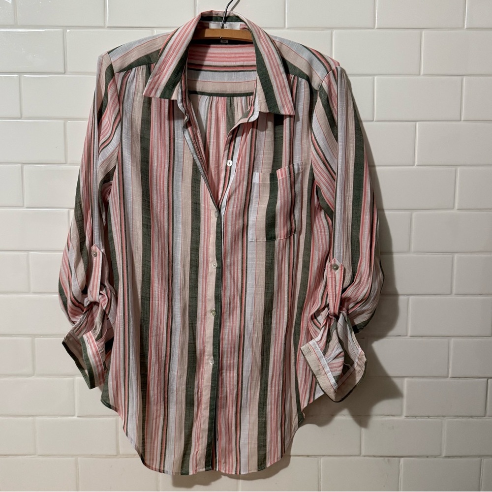 New Directions Pink and Green Striped Shirt